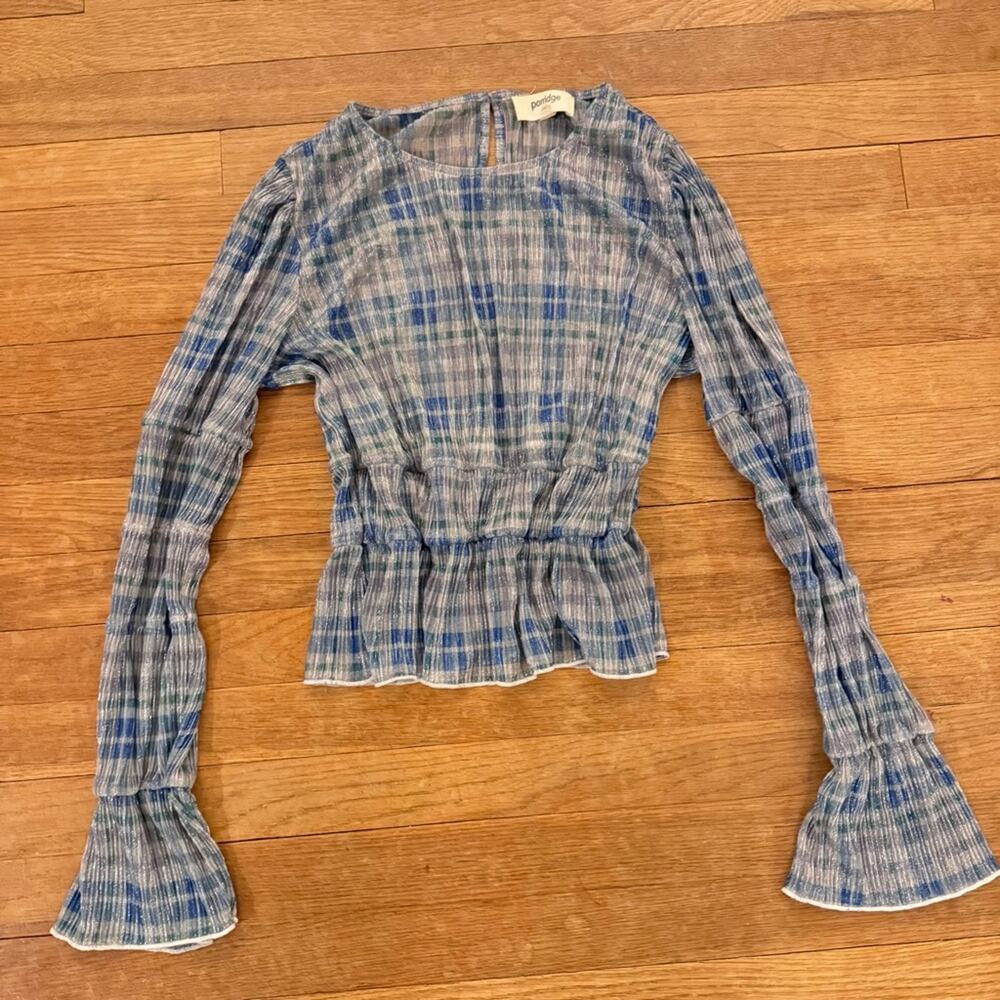 Porridge blue silver sheer metallic checkered blouse shirt top size large L
 b78